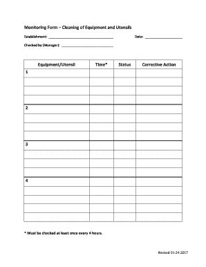Cleaning of Equipment and Utensils Form - Blank Fillable Template ...