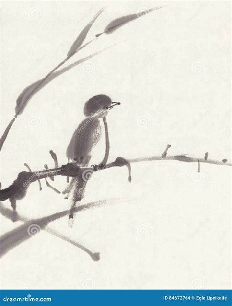 Bird sumi-e ink painting stock illustration. Illustration of design ...