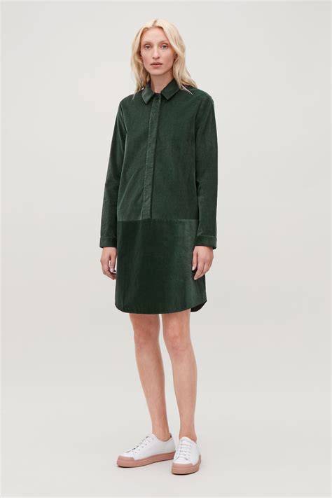 Model front image of Cos a-line corduroy shirt dress in green ...