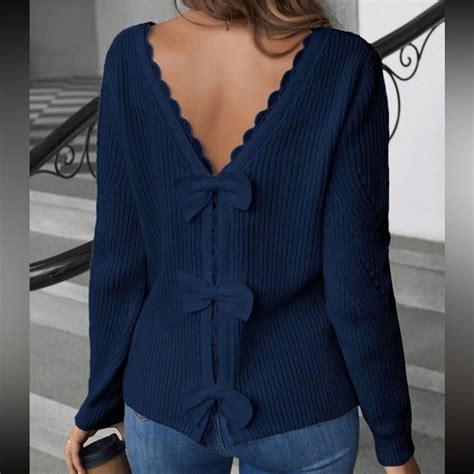 Comfy Crochet Lace Bow Back Sweater Top Navy Blue | Sweaters for women ...