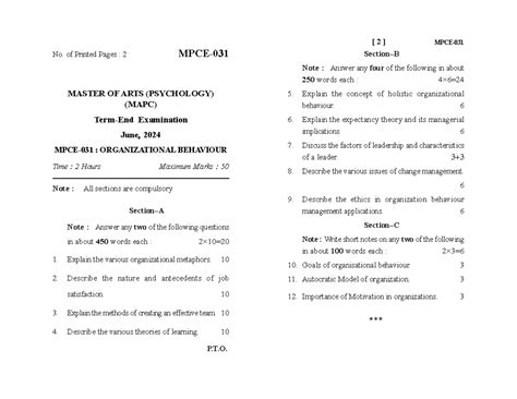 MPCE-031 - Organizational Behaviour Exam Questions and Guidelines - Studocu