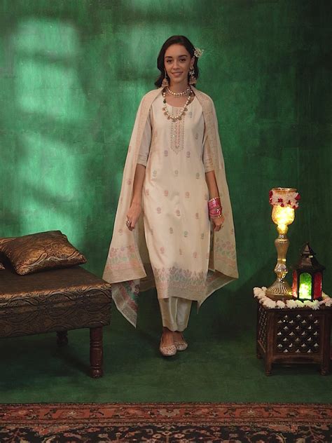 Buy Off White Woven Design Linen Straight Suit With Dupatta Online at ...