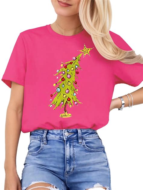 Woman Christmas Tshirt Christmas Tree Graphic Shirt Casual Crewneck ...