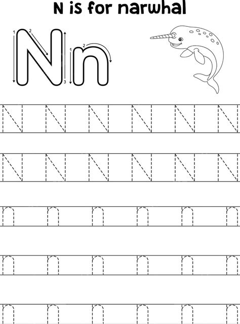 Coloring Page N With Traced Narwhal Animal And Abc Letters Vector ...