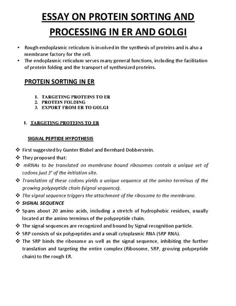 Essay ON Protein Sorting AND Processing IN ER AND Golgi Apparatus ...