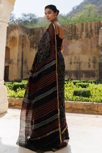 Buy Black Kota Doria Paisley Hand Block Print Saree With Unstitched ...