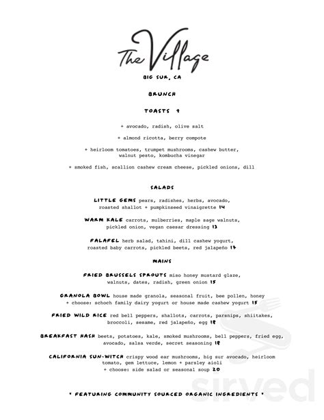 The Village, Big Sur menu in Big Sur, California, USA