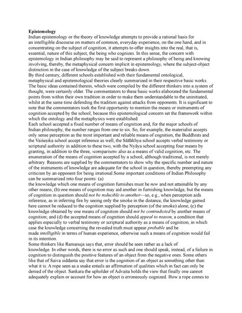 Indian philosophy - summary note - Epistemology Indian epistemology or ...