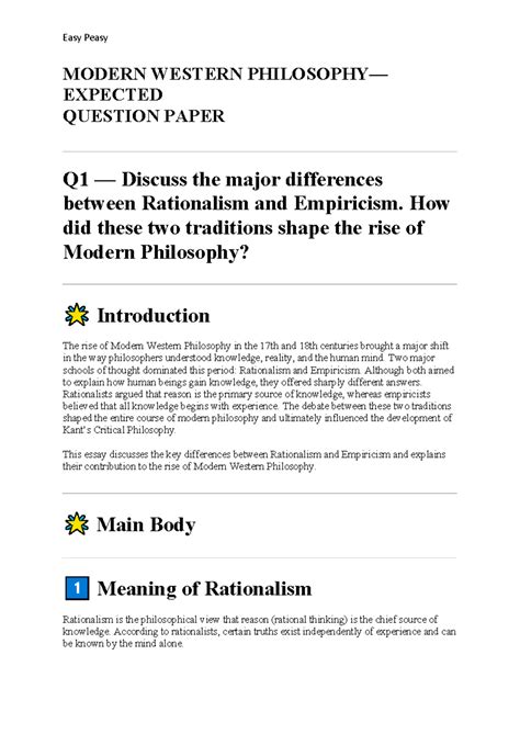 Modern Western Philosophy PYQ: Rationalism vs. Empiricism Analysis ...