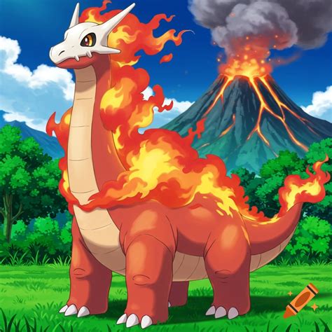 A fire and dragon type dinosaur creature in Pokemon style, standing in ...