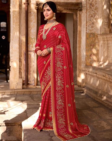 Vishal Prints Venetian Red Designer Chiffon-Viscose Saree With Embroid