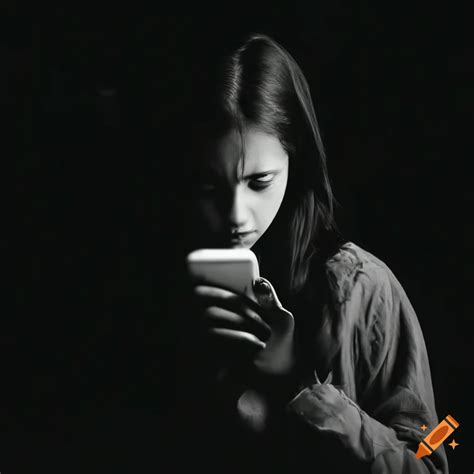 Black and white photo of a teenager using phone on Craiyon