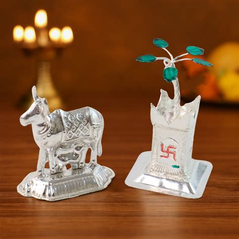 Silver-Plated Kamdhenu Cow & Tulsi Plant Pair – Pooja & Home Décor
