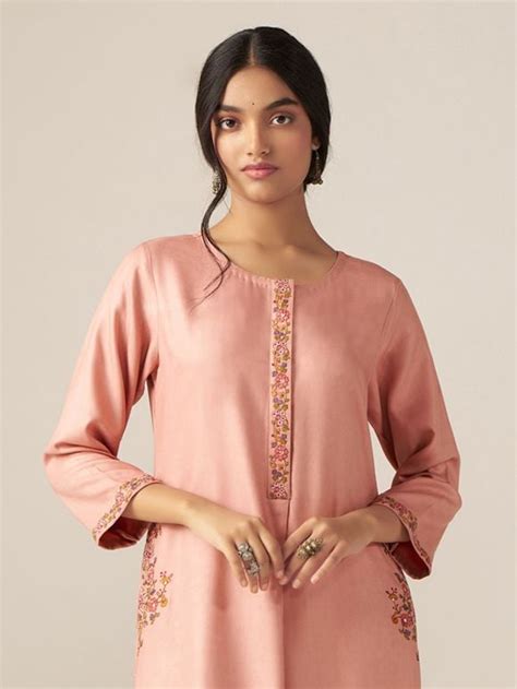 Peach Thread Embroidered Viscose Pashmina Kurta with Pants- Set of 2