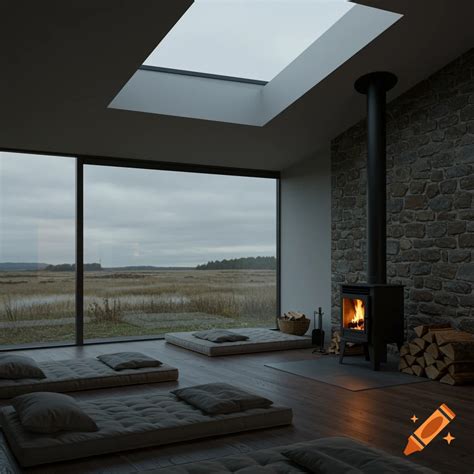 A modern room with a fireplace, mattresses on the floor, a large window ...