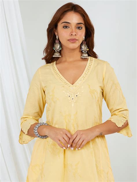 Peach Hand Block Printed Cotton Embroidered Kurta with Palazzo- Set of 2
