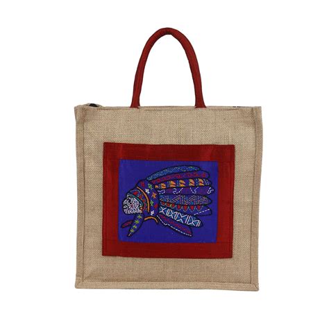 Indha 12" Red Indian Hand Embroidered Brown Colour Jute Gift Bag ...