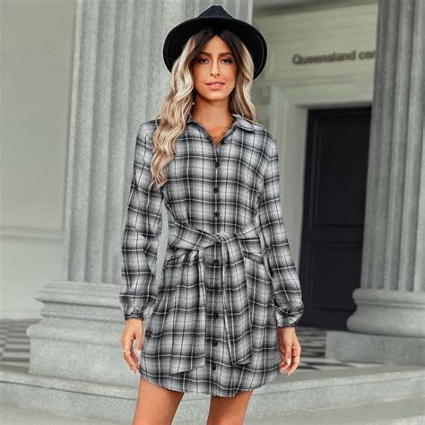 Womens Plaid Dress Flannel Puff Sleeve Dress Button Down Casual Dresses ...