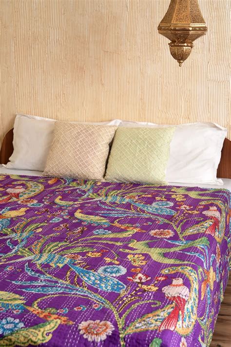 Buy Peacock Kantha Quilt - Purple