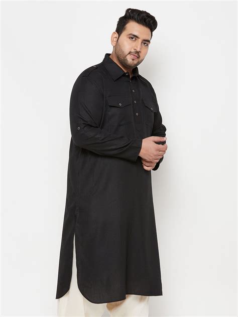 Men's Plus Size Black Cotton Blend Pathani Kurta – vastramay