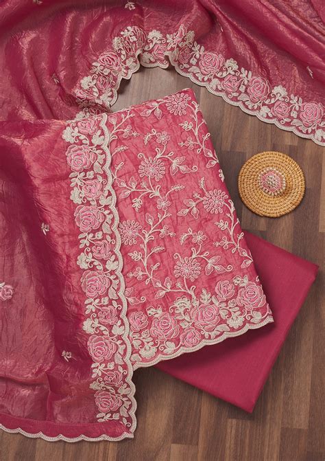 Buy Pink Threadwork Semi Crepe Unstitched Salwar Suit - Koskii