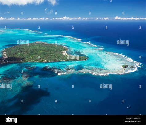 Aerial view of small Samoan island between Upolu and Savaii; Samoa ...