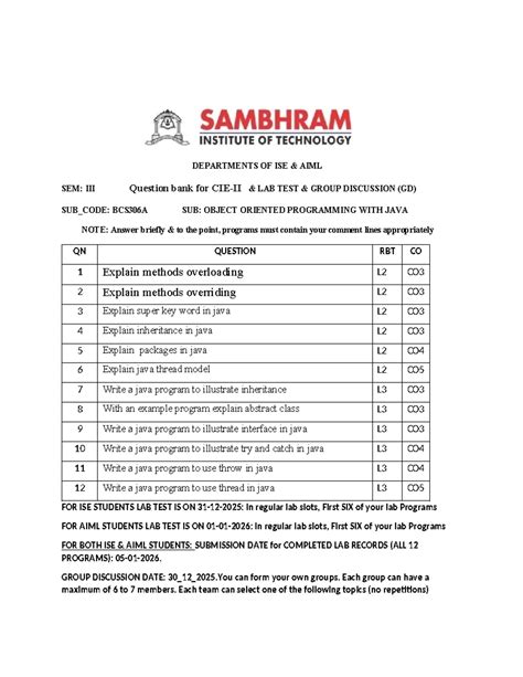 BCS306A: Question Bank for OOP with Java Lab Test GD - Studocu