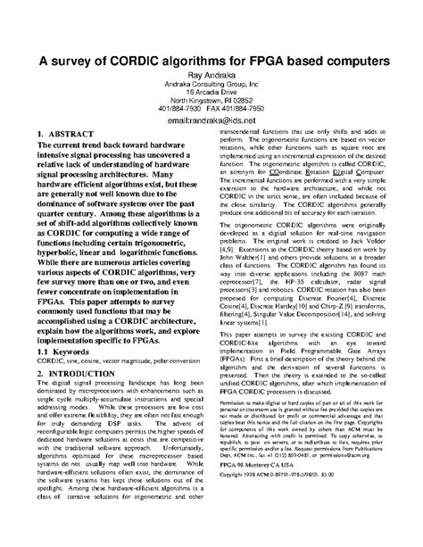 Survey fpga cordic - A survey of CORDIC algorithms for FPGA based ...