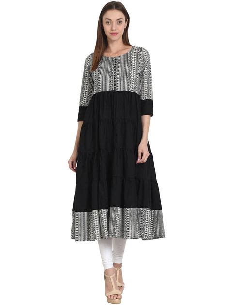 Nayo Black & grey printed 3/4 sleeve cotton tiered anarkali kurta ...