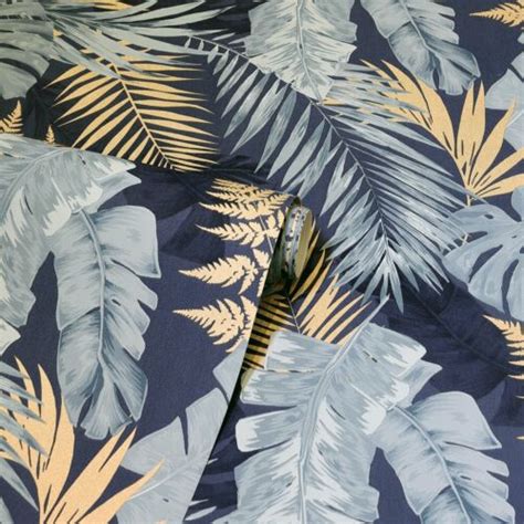 Soft Tropical Jungle Palm Leaf Metallic Navy Blue | Ubuy India