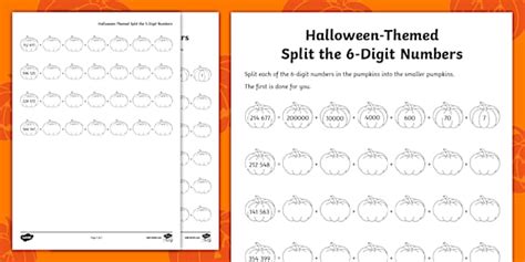 Halloween-Themed Split the 6-Digit Numbers Worksheet