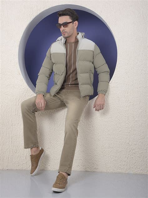 Colorblocked Puffer Hooded Khaki Jacket – Crimsoune Club