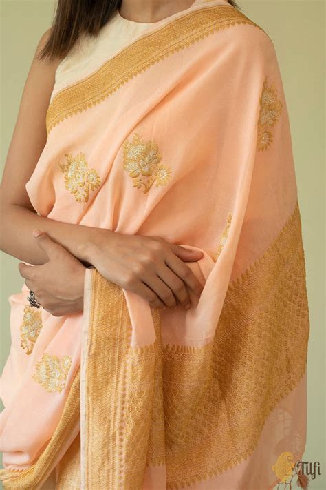 Peach Pure Khaddi Georgette Banarasi Handloom Dupatta - Tilfi