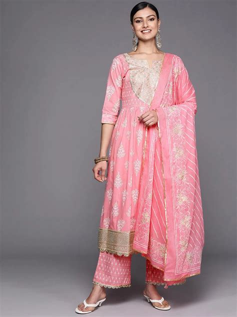 Buy Pink Yoke Design Cotton Anarkali Kurta With Palazzos & Dupatta ...