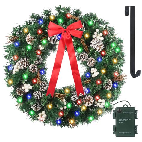 24inch Prelit Christmas Wreath Battery Operated 50 Multicolored Lights ...