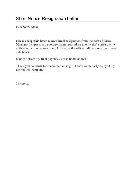 30+ Short Notice Resignation Letters (FREE) - TemplateArchive