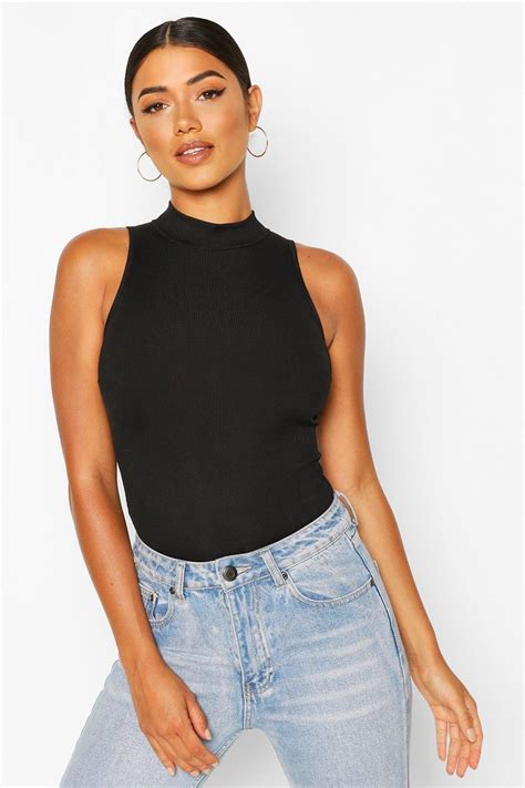 Black Rib High Neck Sleeveless Bodysuit | Sleeveless bodysuit, Women ...