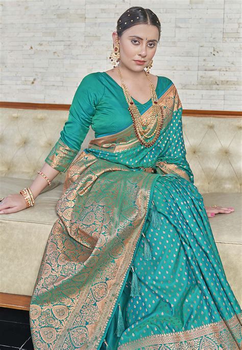 Pacific Blue Banarasi Katan Silk Zari Woven Saree – Elite Weaves
