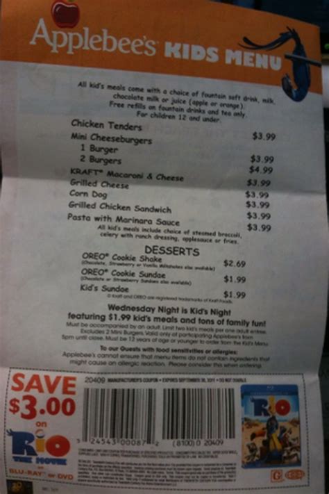 $3 off Rio The Movie Coupon on Applebee's Kids Menu + $1.99 Kids Meal ...