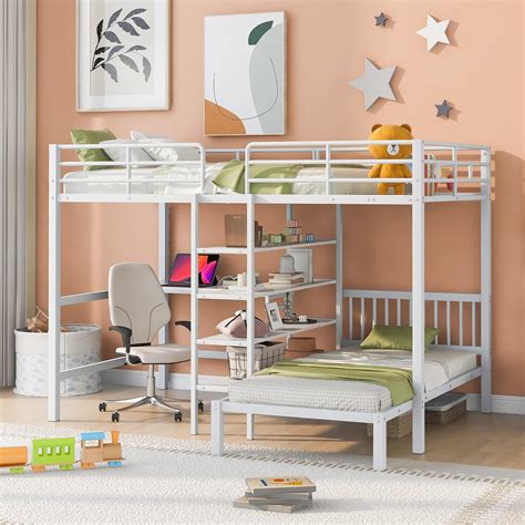 Amazon.com: Full Over Twin Metal Bunk Bed with Built-in Desk and Storage Shelves, Modern Style ...