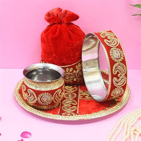 Buy Vibrant Red Golden Embroidery Karwa Chauth Thali set With Potli ...