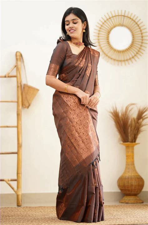 Vestigial Brown Soft Silk Saree With Confounding Blouse Piec