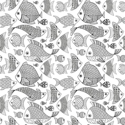 Vector black and white seamless pattern with funny doodle fish ...
