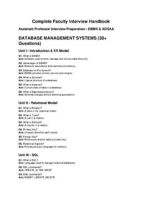 Complete Faculty Interview Handbook: DBMS Preparation Guide - Studocu