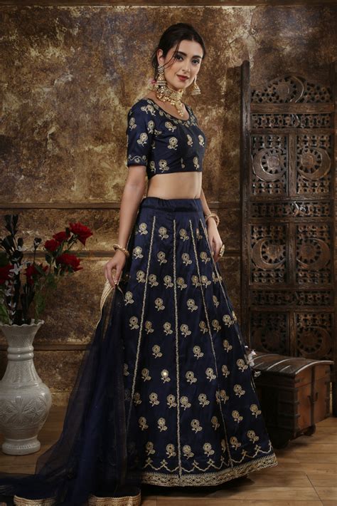 Navy Blue Thai Silk Embroidery And Mirror Work Lehenga Choli