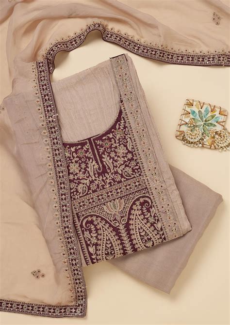 Buy Beige Zariwork Tissue Unstitched Salwar Suit - Koskii