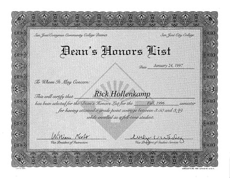 Dean's Honor List Award Certificate