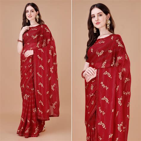 Red Foil Printed Chiffon Saree With Lace Border
