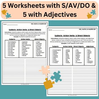 Mix, Match, & Master - 10 Complete Sentence Worksheets - S/AV/DO/Adjectives