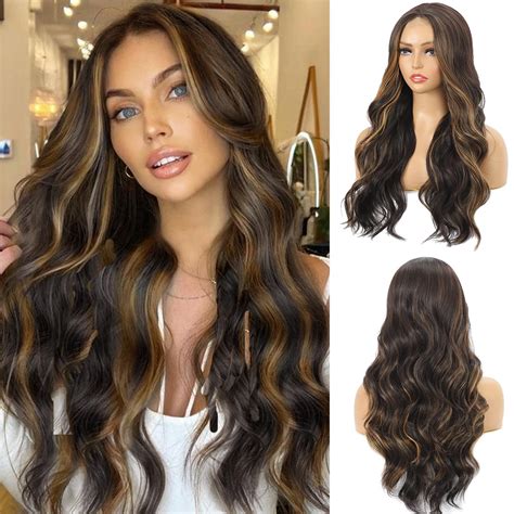 DAZZ LOOK Highlight Wavy Wig for Women Middle Part Long Curly Wavy Wigs ...